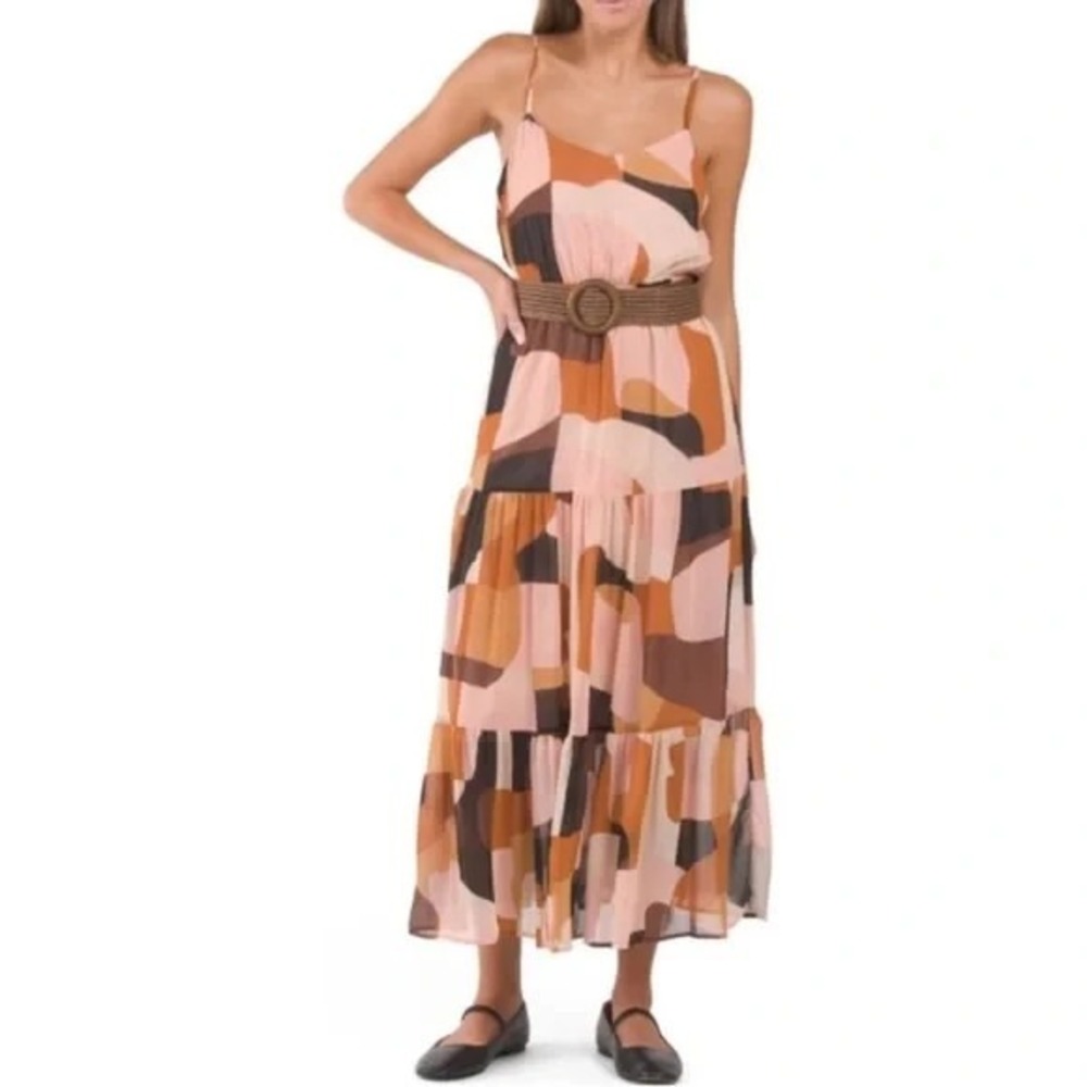 Anne Klein Jolene Maxi Dress Size 10 Brown Abstract Belted Sleeveless NWT